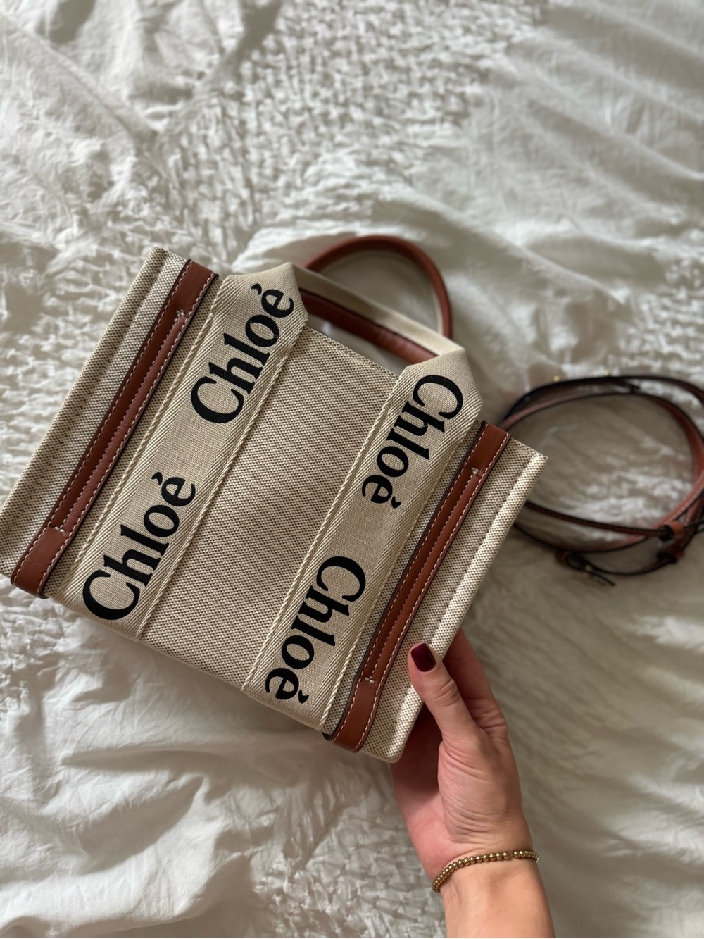 Beige Canvas Tote with Brown Leather Trim